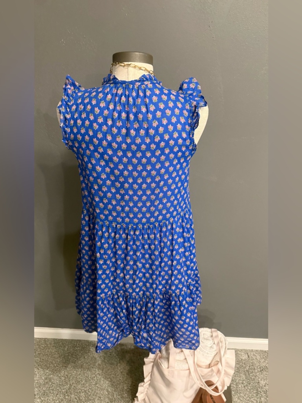 J. Crew Blue Floral Tiered Dress with Pink Tassels - Picture 3 of 4